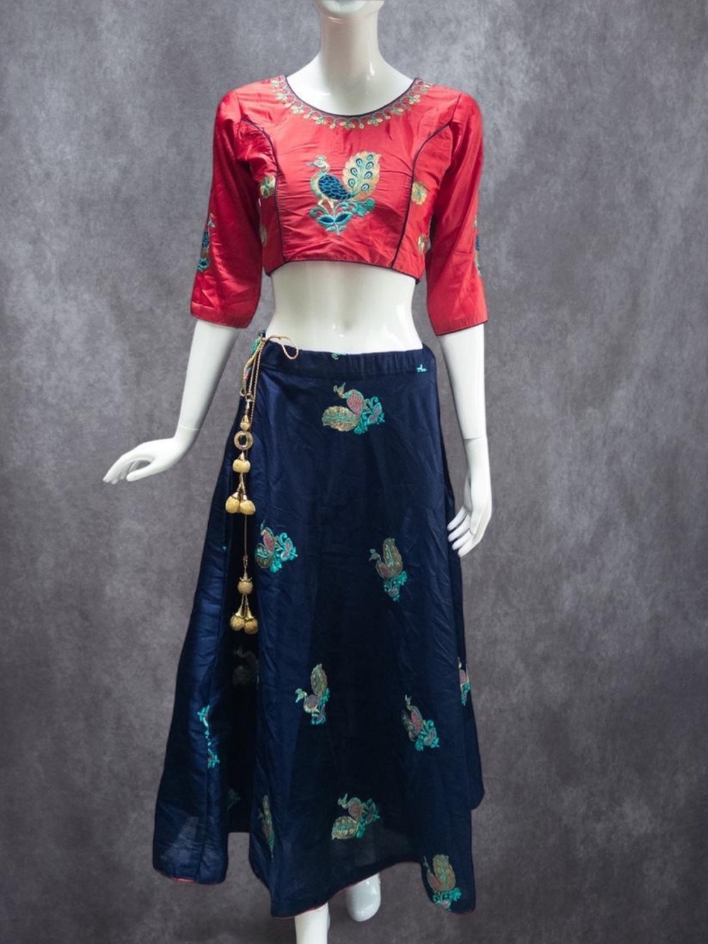 Handmade Silk Peacock Embroidered Lehenga Choli Set Cardinal Red Navy Blue, Sz S